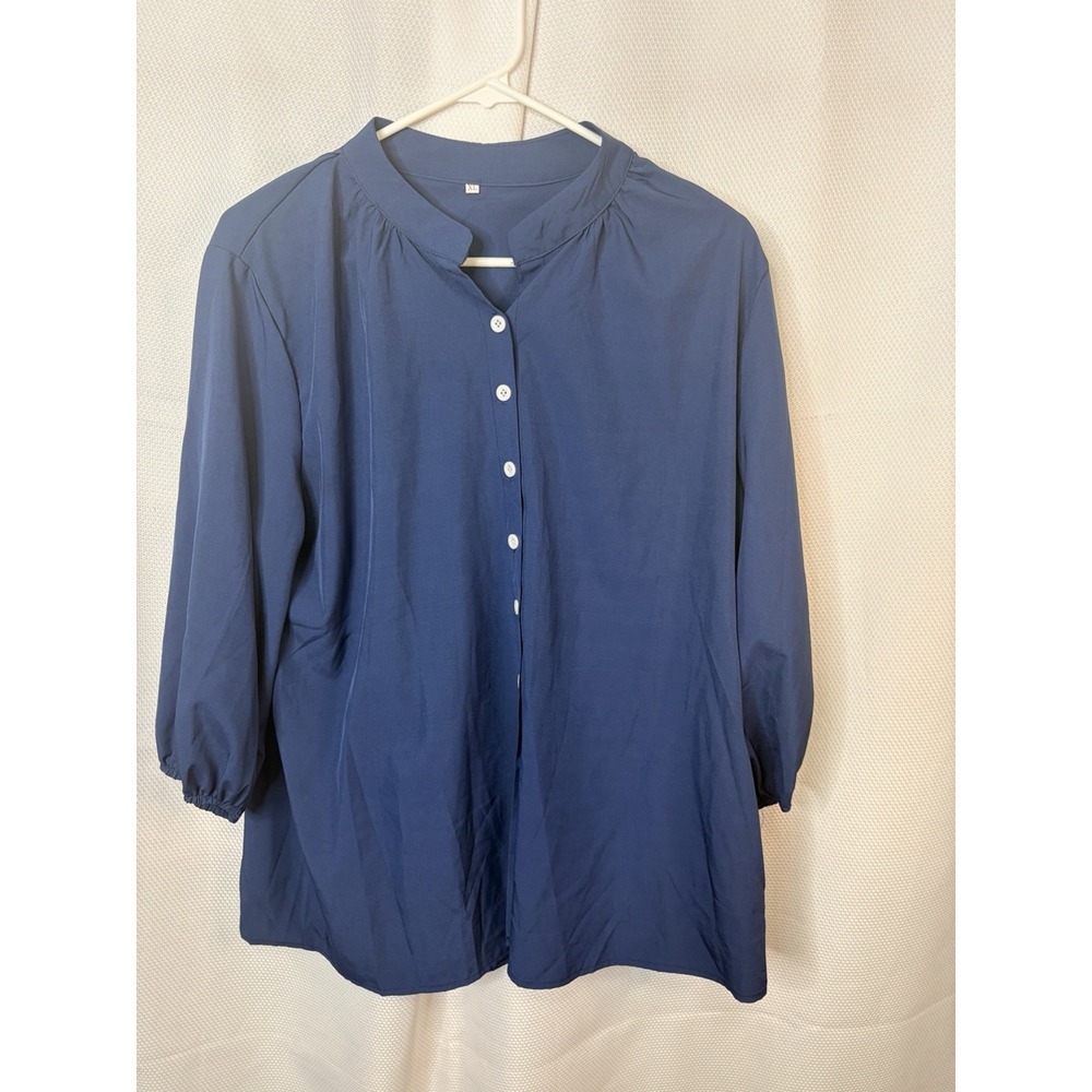 Women's Blue Button Front Casual Stand Collar Long Sleeve Blouse - Sz. L